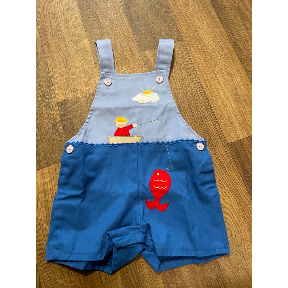 Vintage Hush Puppies Boys Blue Fishing Applique Shortalls Overalls 18 Months